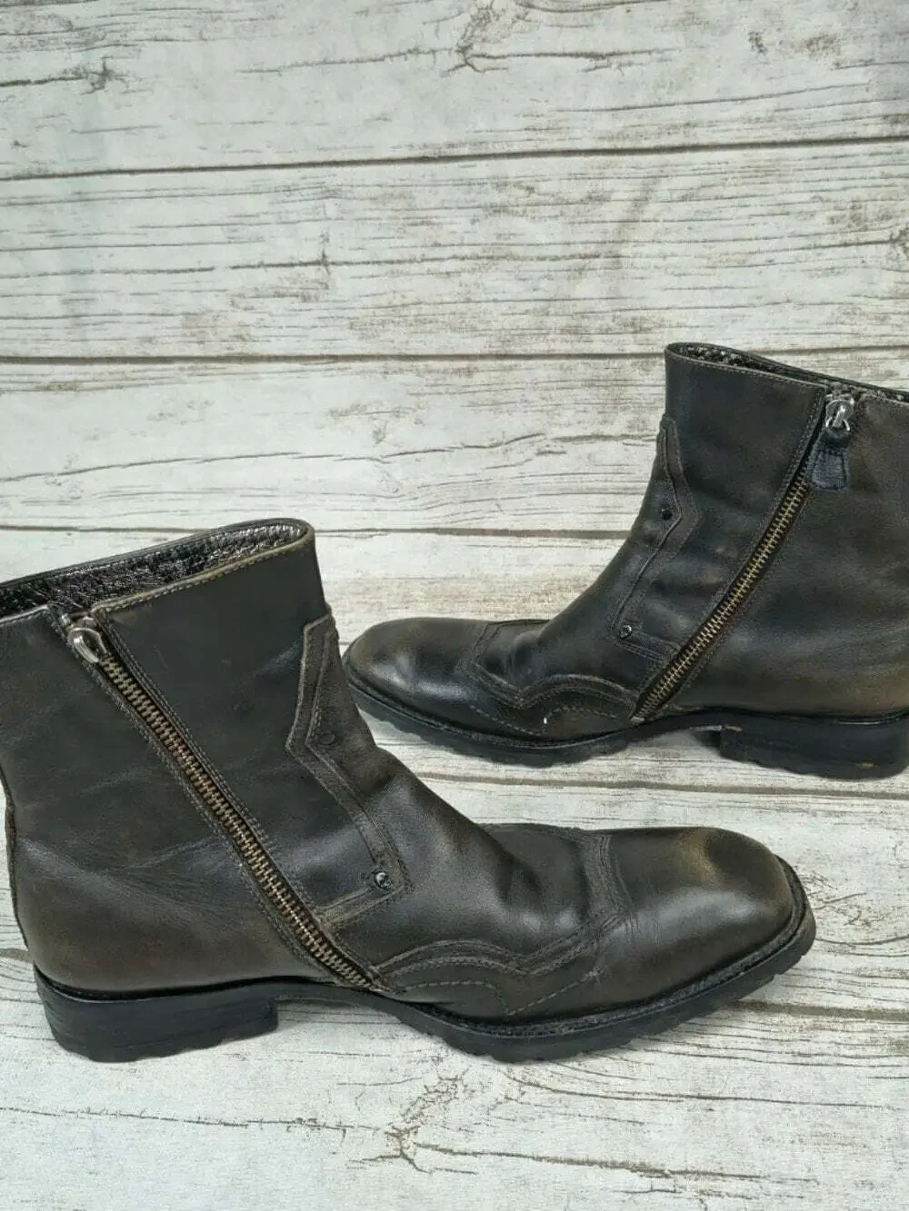 Mark Nason U Rock Leather Cross Side-Zip Ankle Boots Mens Size 8.5 Black Gray